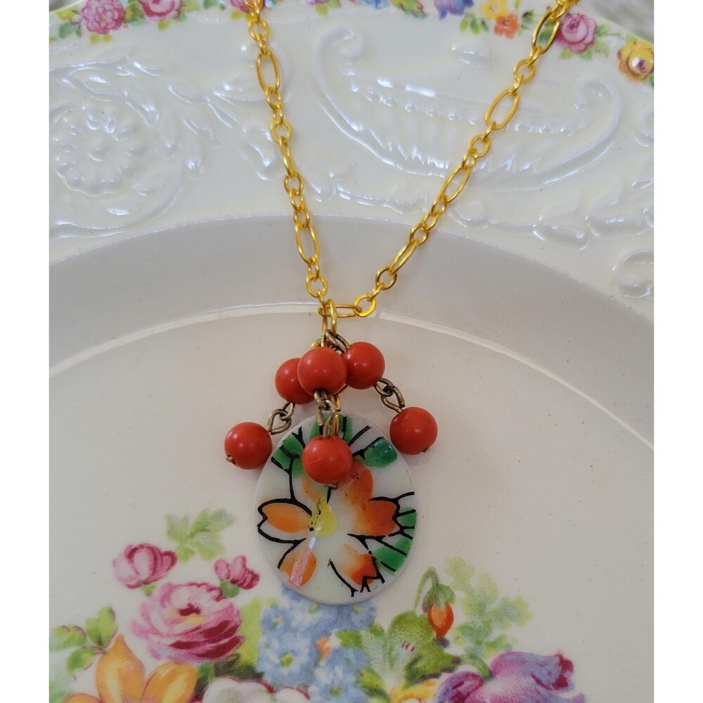 Broken China Orange Flower Beaded  Pendant Necklace
